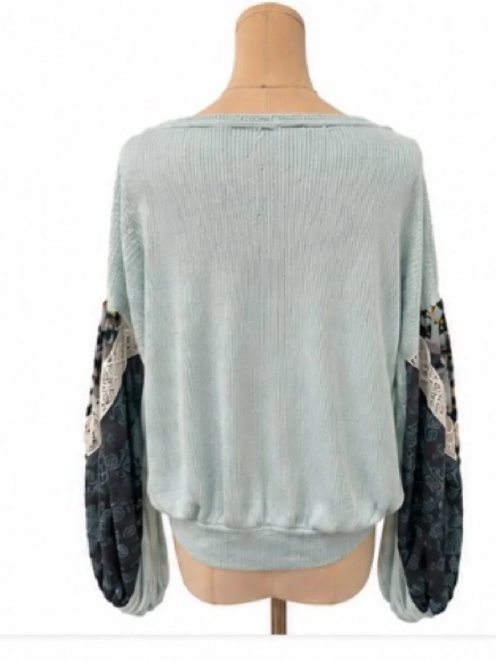 Free People Mint Green Knit Balloon Sleeve Top Floral Crochet Size S